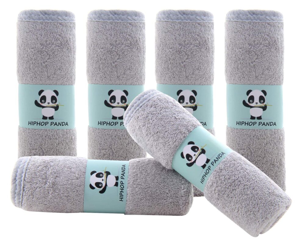 HIPHOP PANDA Baby Washcloths, Rayon Made from Bamboo – 2 Layer Ultra Soft Absorbent Newborn Bath Face Towel – Reusable Baby Wipes for Delicate Skin – Grey, 6 Pack