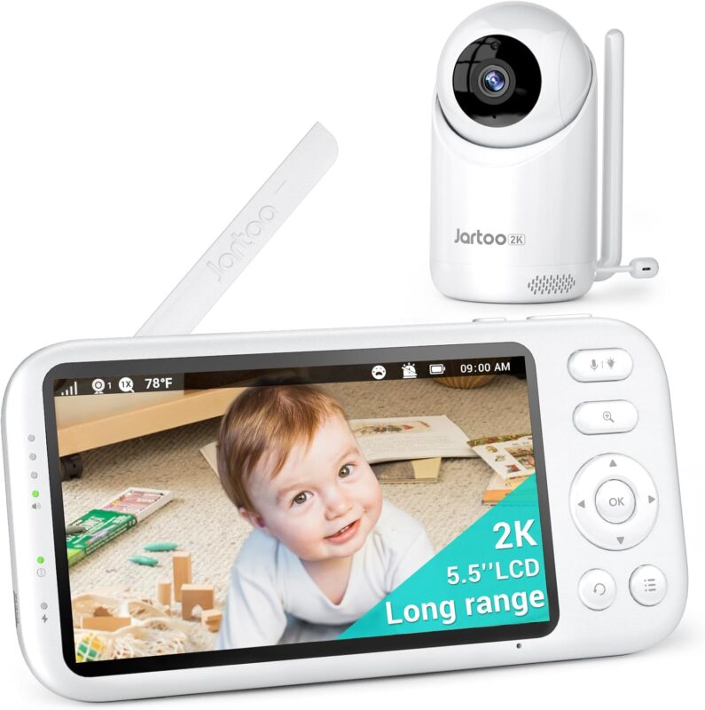 2K Video Baby Monitor with Camera and Audio, Long Range Baby Monitor No WiFi 5.5″ FHD Screen ANC Baby Camera Wireless, Feeding Clock, Night Vision, 2-Way Talk, AI Cry Detect, 6000mAh