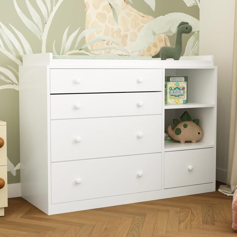Changing Table Dresser, Baby Classic Nursery Dresser with 5 Drawers and 2 Shelves, Multi-Functional Baby Changing Table, Diaper Changing Station for Children’s Room, White