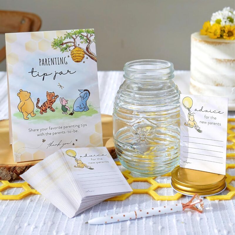 Kate Aspen Honey Bear Parenting Tip Jar For Baby Shower Game & Activity, Advice Cards & Bee Hive Shaped Jar with Lid, Nursery and Baby Shower Decoration
