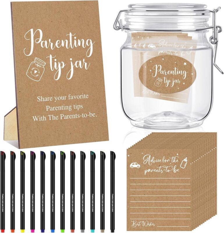 Suzile 76 Pcs Baby Shower Advice Cards for New Parents to Be Tip Jar Sign for Parents to Be 60 Cards 12 Pens 2 Stickers 1 Bottle 1 Sign for Baby Shower Games Supplies(Vintage Theme)