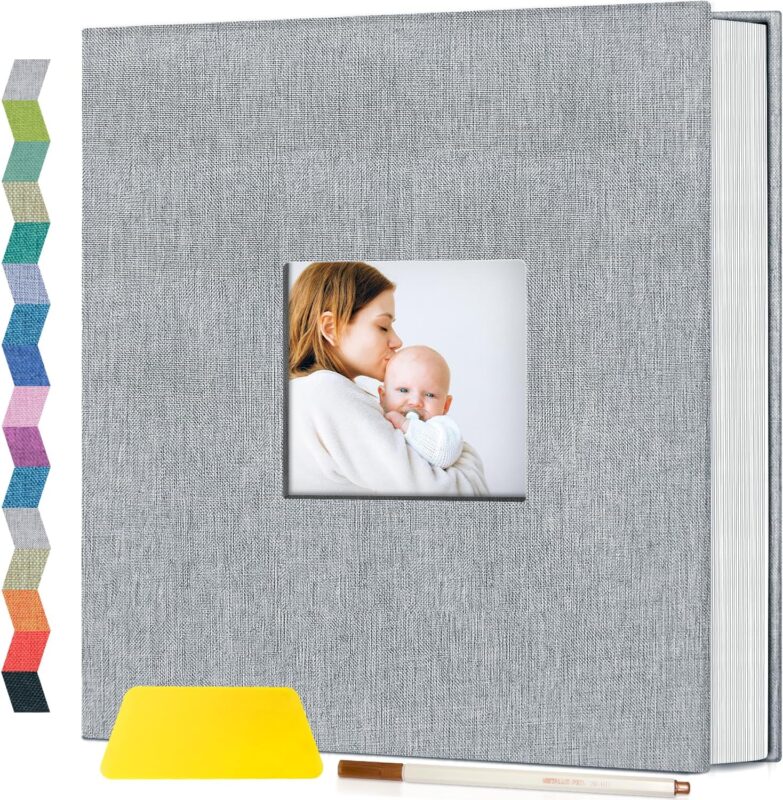 popotop Photo Album Self Adhesive with Picture Display Window,40 Pages DIY Baby Memory Book for 4×6 8×10 Picture,Linen Cover Scrapbooking Supplies Kit for Wedding,with Scraper and Metallic Pen